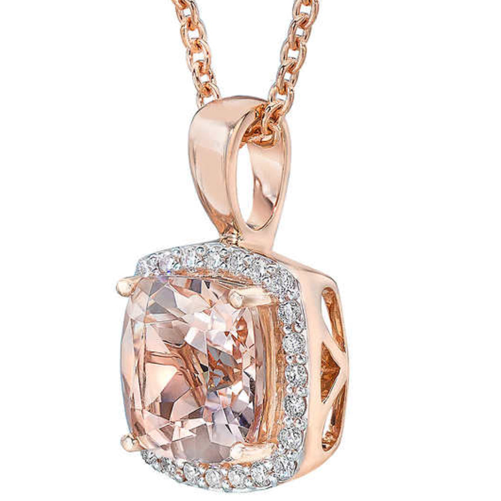 1.10 CTW Morganite Cushion Halo Created Moissanite Pendant in 14K Rose Gold Plate