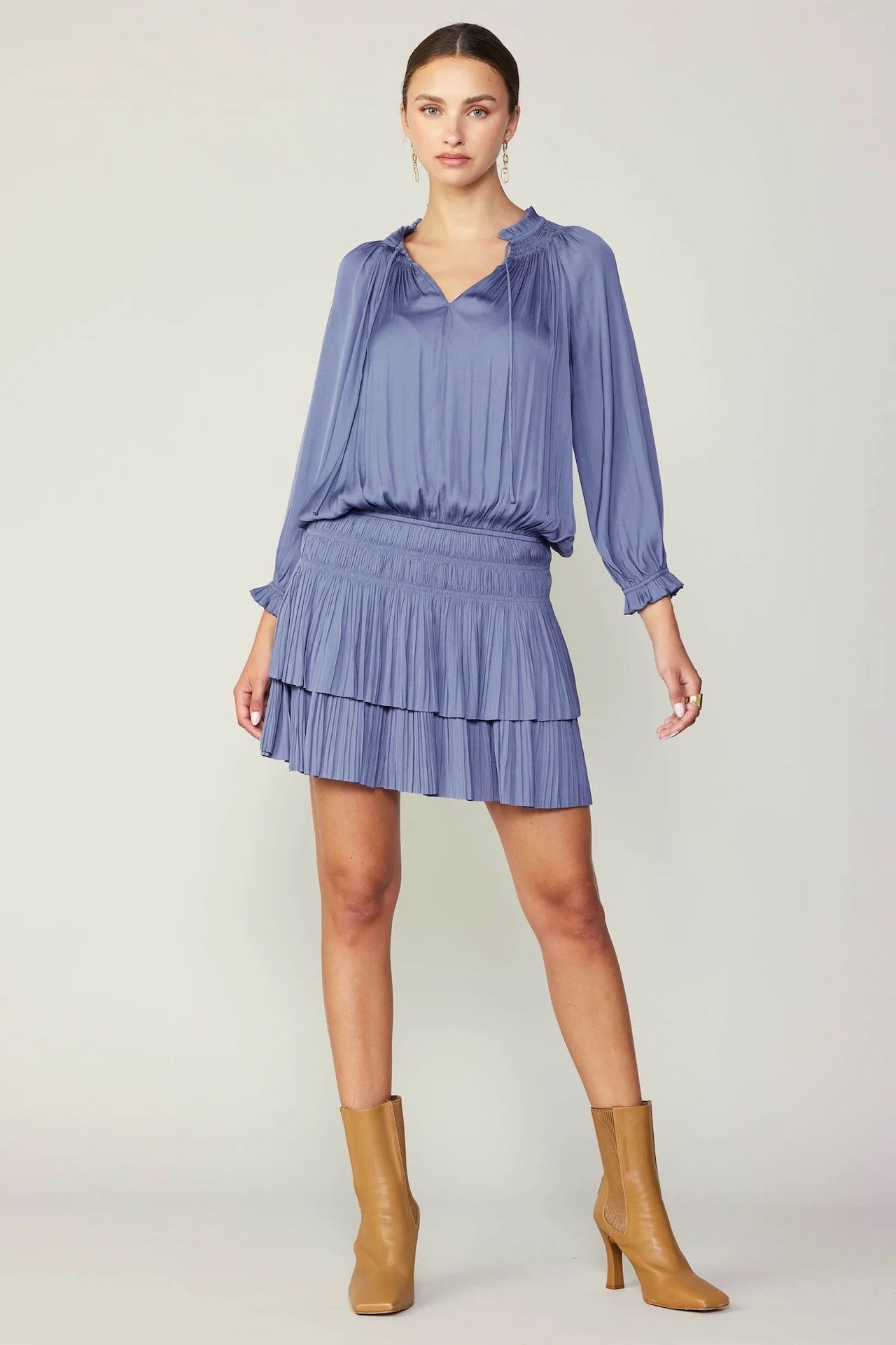 Aurelie Pleated Mini Dress - Dusty Blue