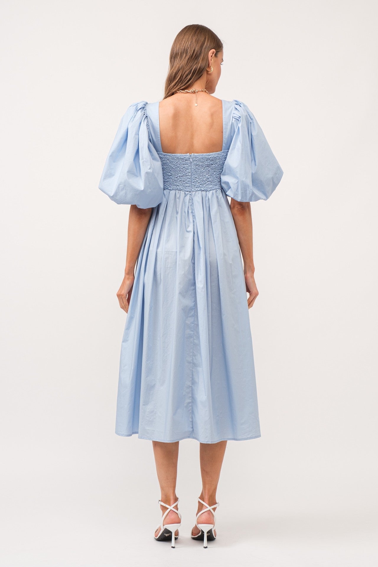 Sky Blue Puff Sleeve Poplin Midi Dress