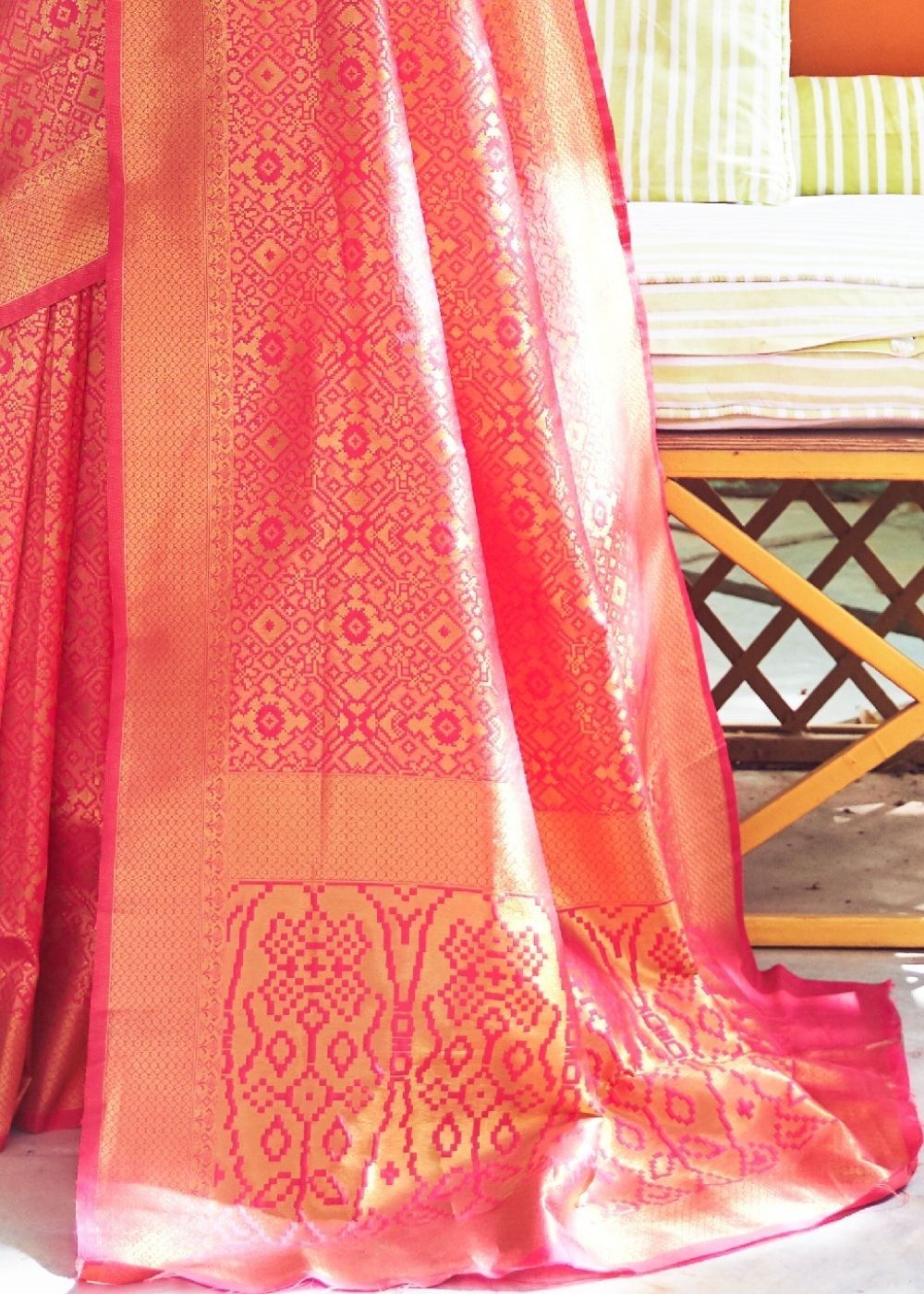 Cerise Pink and Golden Blend Woven Banarasi Silk Saree