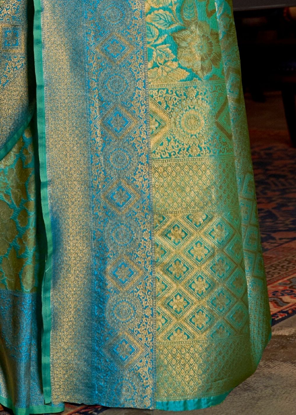 Azure Blue and Green Two Tone Kanjivaram Silk Saree