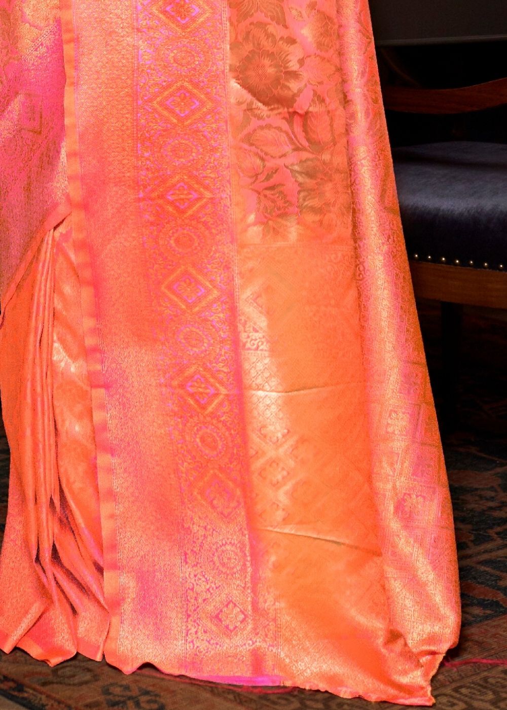 Orange and Rouge Pink Two Tone Kanjivaram Silk Saree