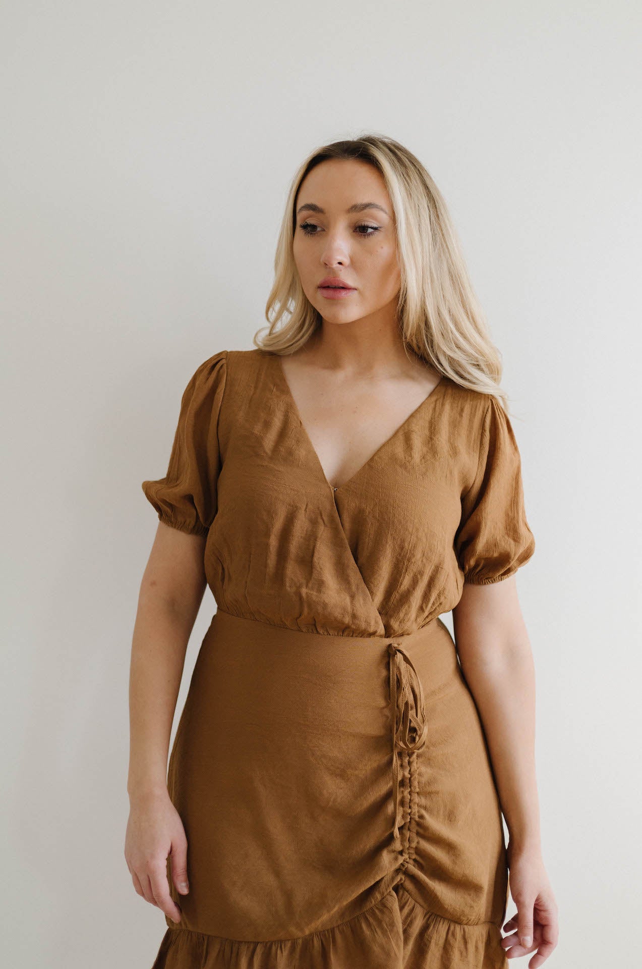 European Lover Ruched Front Mini Dress - Brown