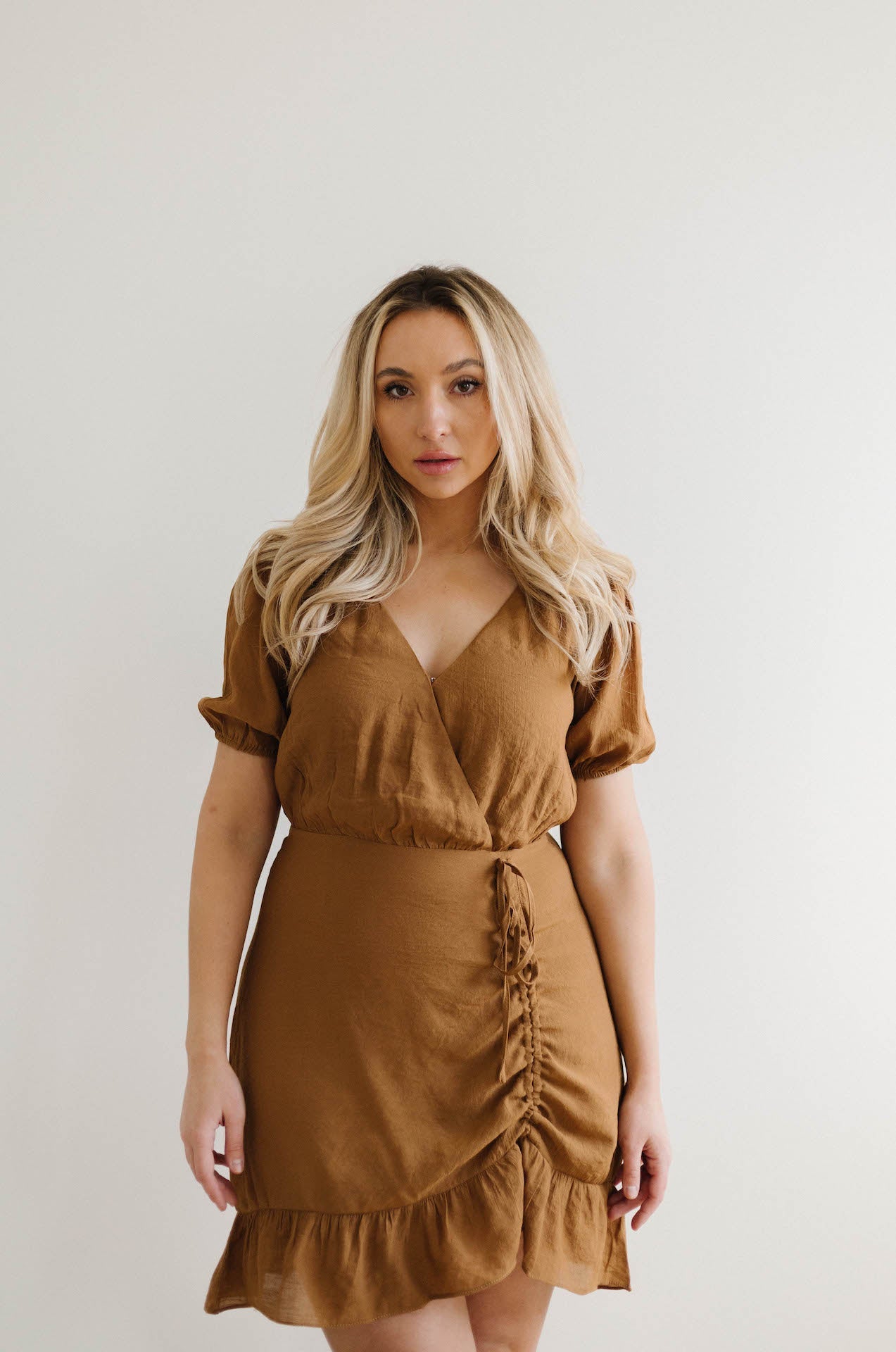 European Lover Ruched Front Mini Dress - Brown