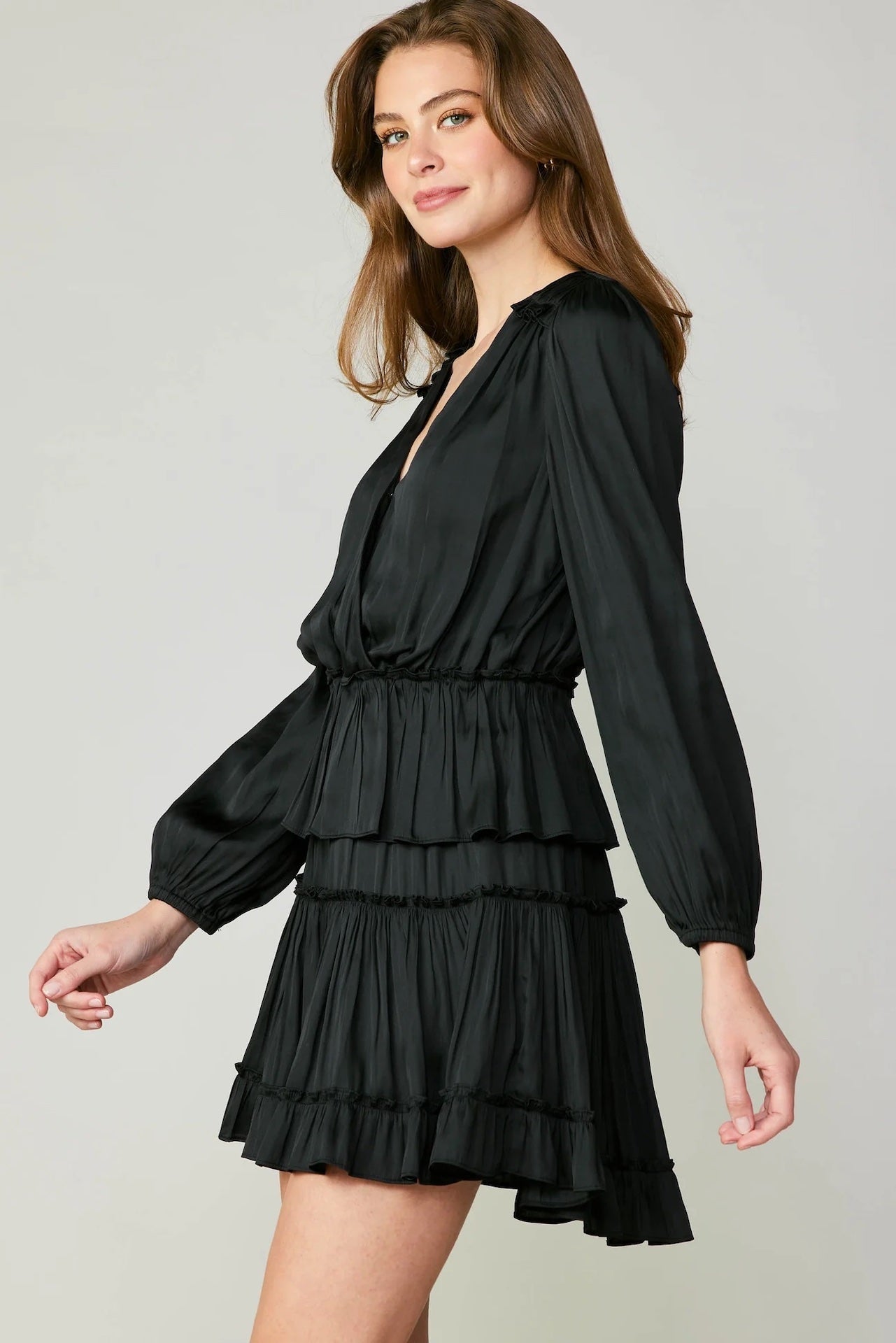 Surplice Tiered Mini Dress - Black