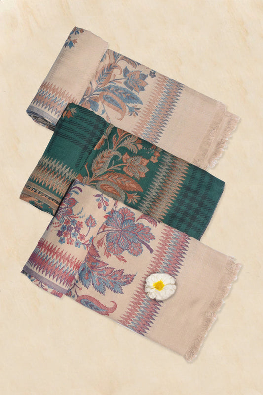 Pashmina Woven Jacquard Shawl Available in Cream, Green And Beige