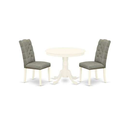 East West Furniture Anel3-lwh-07 3 Piece Antique Round Dining Table Set - Smoke u0026 Linen White