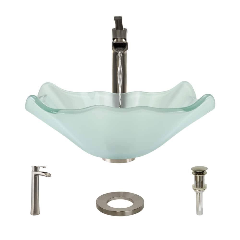 Rene R5-5011-R9-7007 17x22 Glass Vessel Bathroom Sink with Vessel Faucet Sink Rin Frosted / Brushed