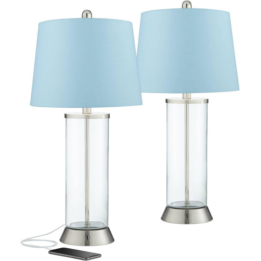 360 Lighting Modern Table Lamps Set of 2 with USB Charging Port Base LED Clear Glass Blue Hardback Drum Shade Living Room Bedroo