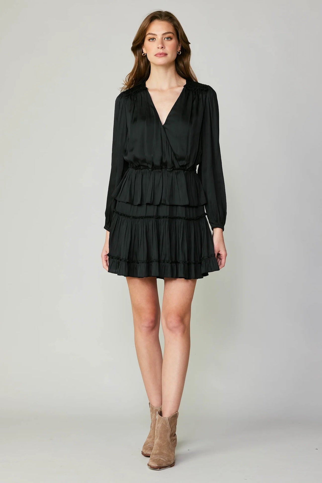 Surplice Tiered Mini Dress - Black