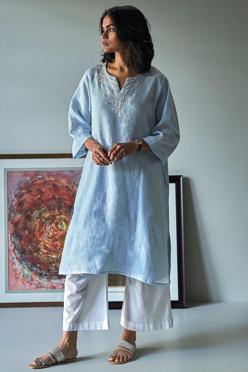 Pastel Blue Linen Top With Thread Embroidery Detailing on Neck and Sleeves