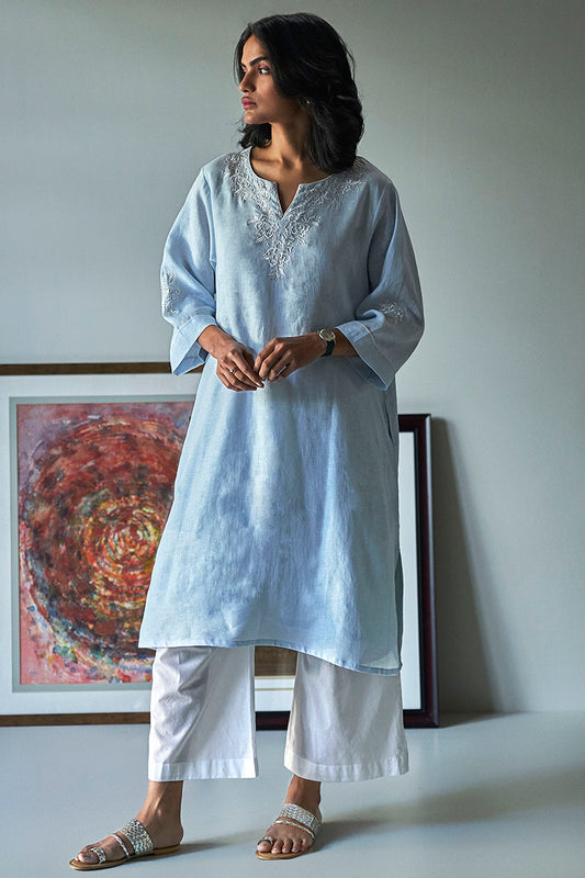 Pastel Blue Linen Top With Thread Embroidery Detailing on Neck and Sleeves