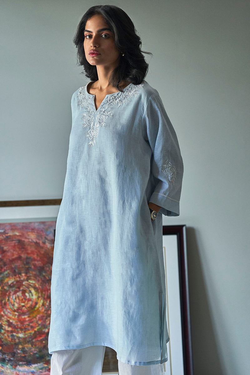 Pastel Blue Linen Top With Thread Embroidery Detailing on Neck and Sleeves