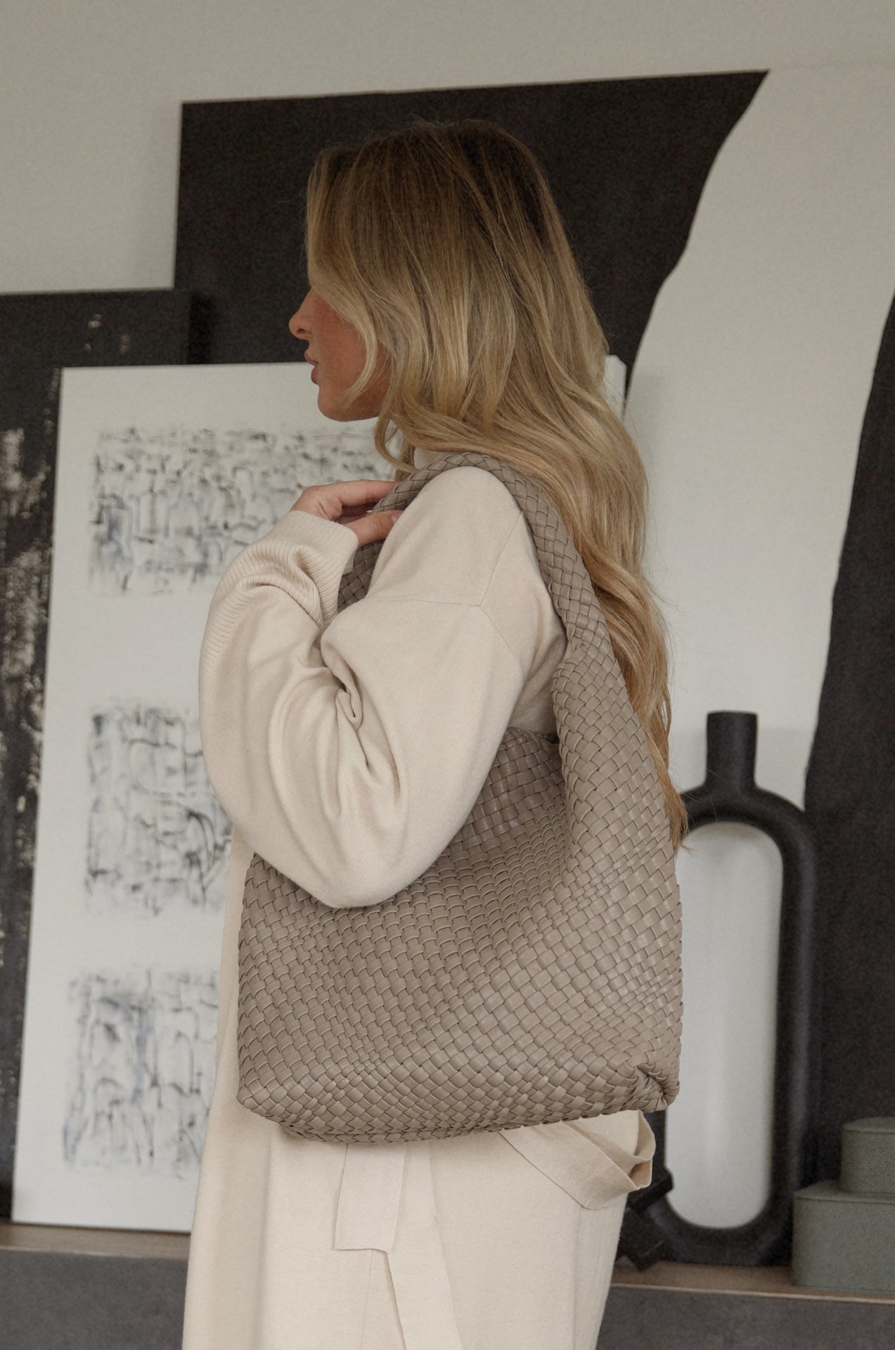 Taupe Woven Shoulder Bag