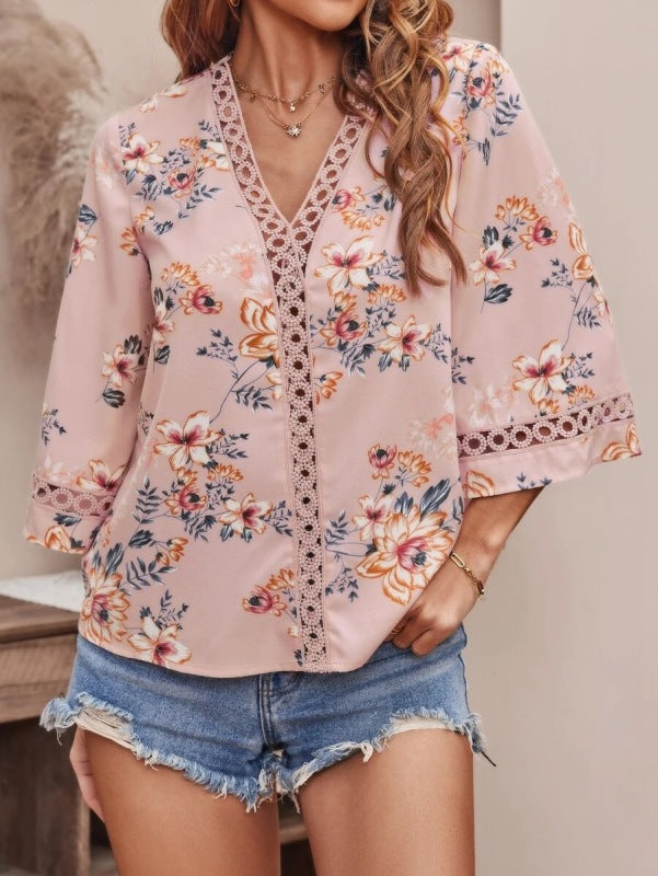 V-neck patchwork lace flared sleeve shirt