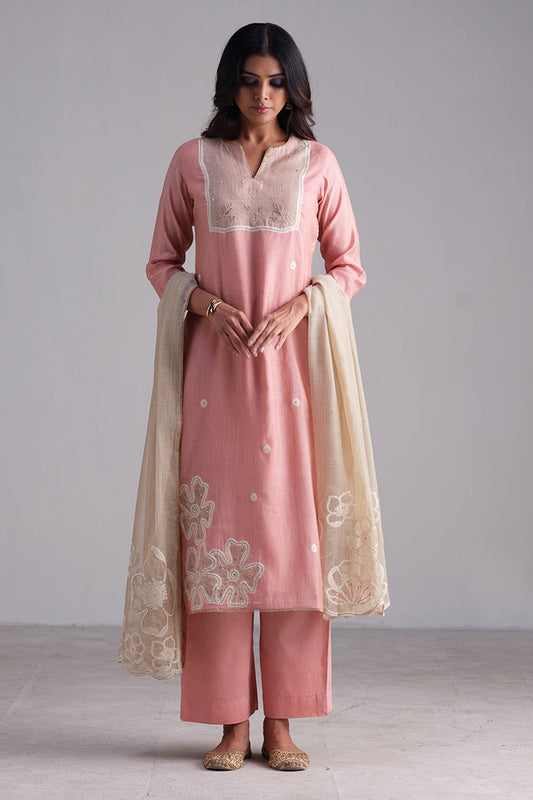 Coral Almond Woven Kurta And Contrast Dupatta With Hand Work Detailing