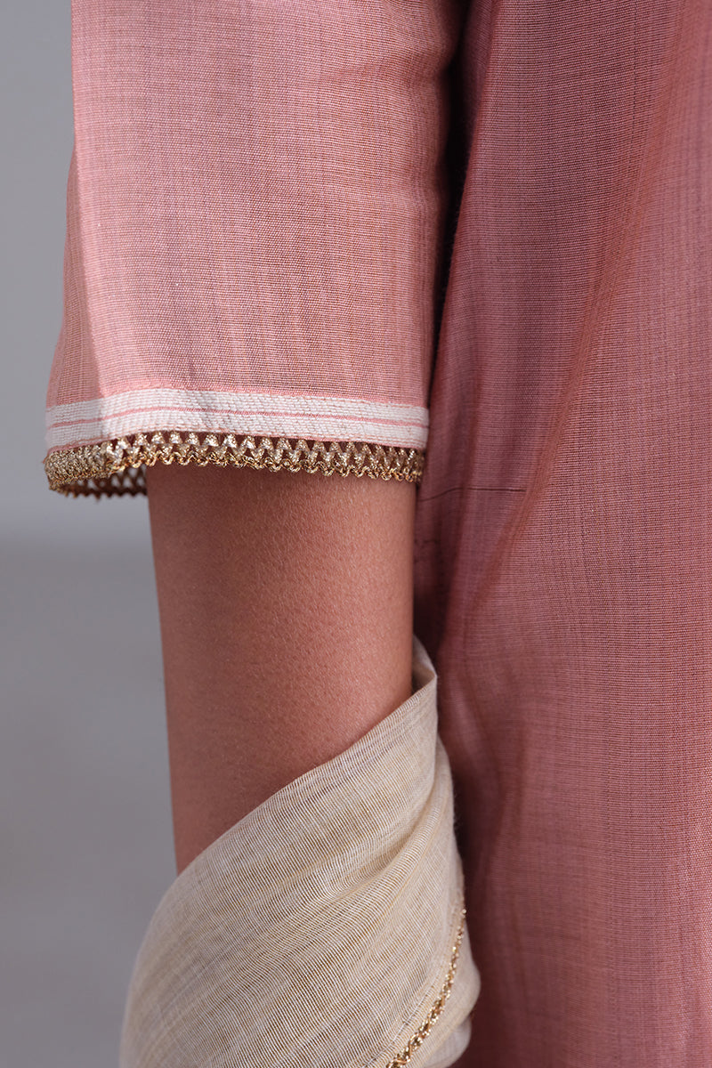 Coral Almond Woven Kurta And Contrast Dupatta With Hand Work Detailing