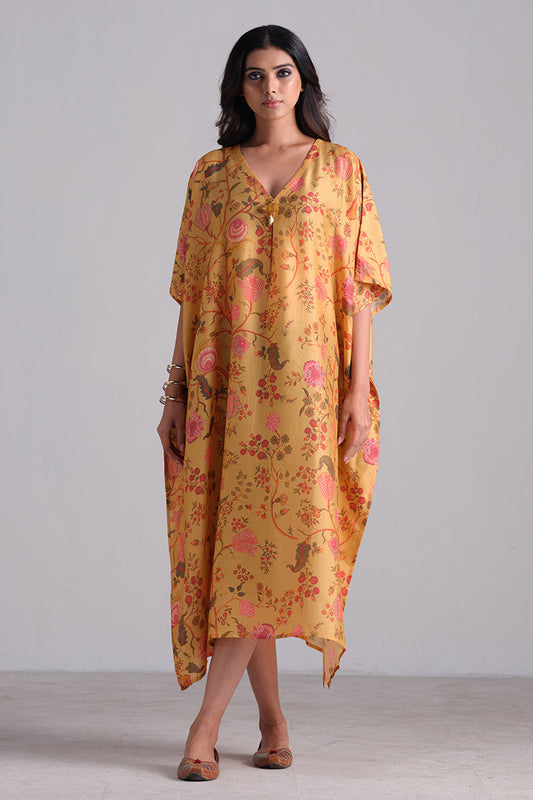 Ochre Yellow Bemberg Raw Silk Chintz Printed Kaftan With Tassel Detailing