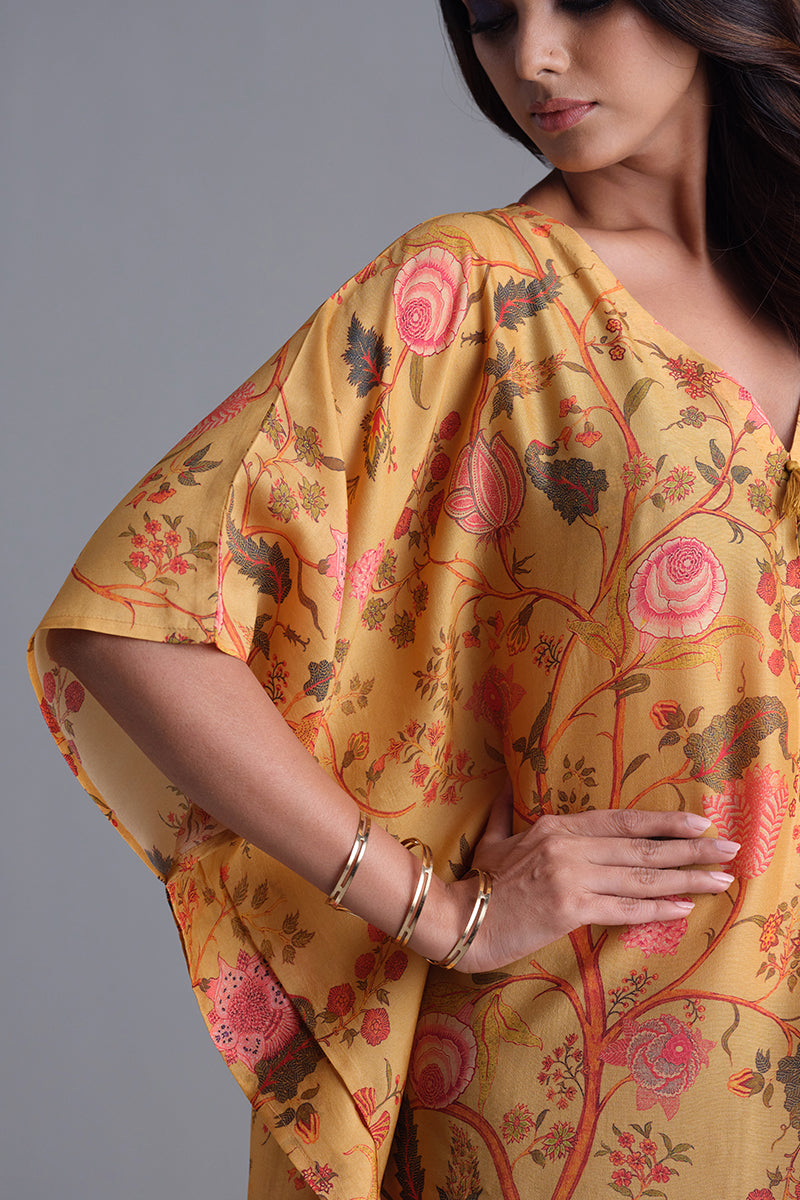 Ochre Yellow Bemberg Raw Silk Chintz Printed Kaftan With Tassel Detailing