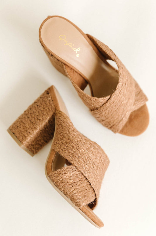 Woven Brown Raffia Mule Heels