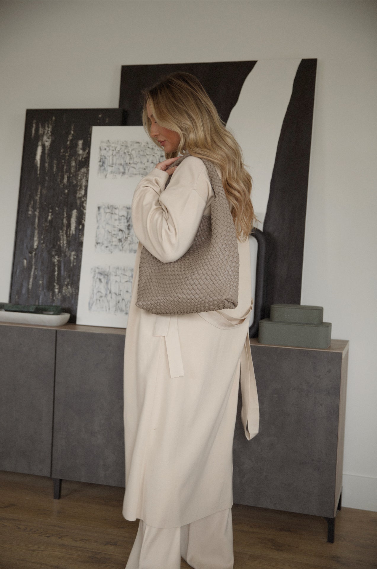 Taupe Woven Shoulder Bag